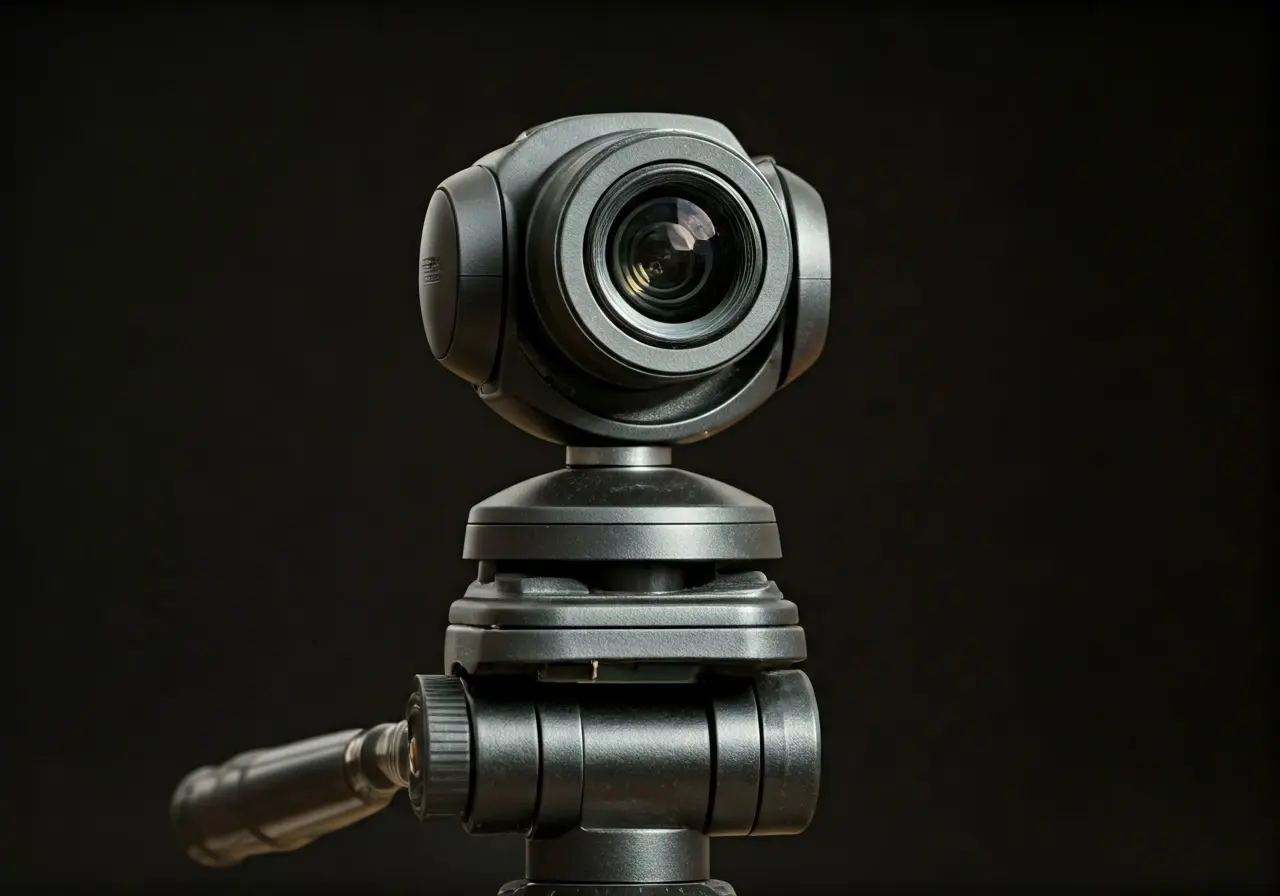 A close-up of a modern PTZ camera on a tripod. 35mm stock photo