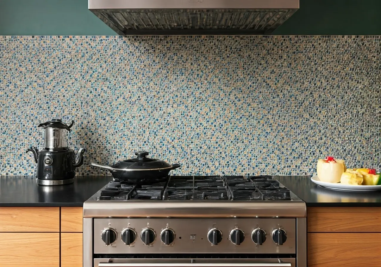 Vibrant kitchen with intricate glass tile backsplash detail. 35mm stock photo