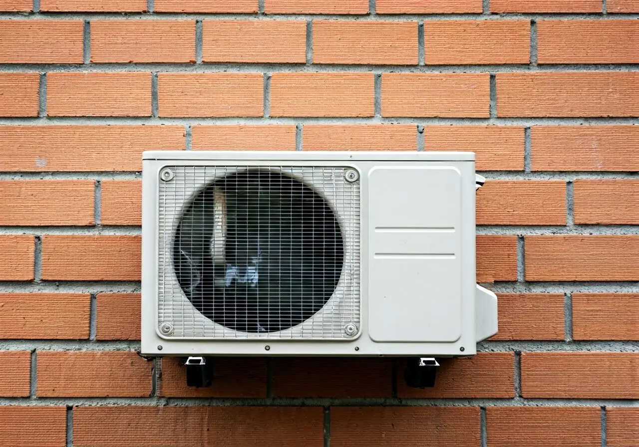 Image of a broken air conditioning unit against a brick wall. 35mm stock photo