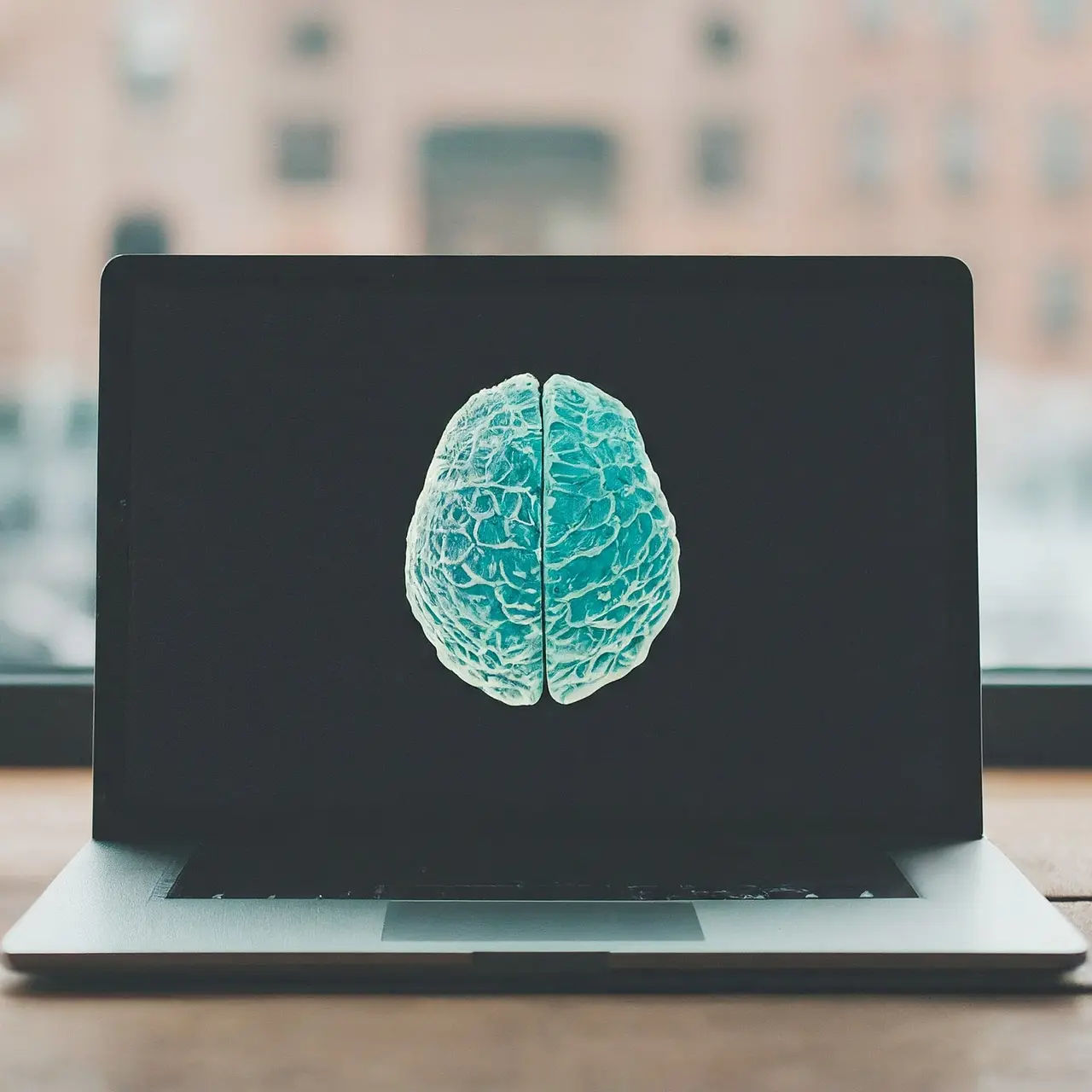 Laptop with digital brain illustration on the screen. 35mm stock photo