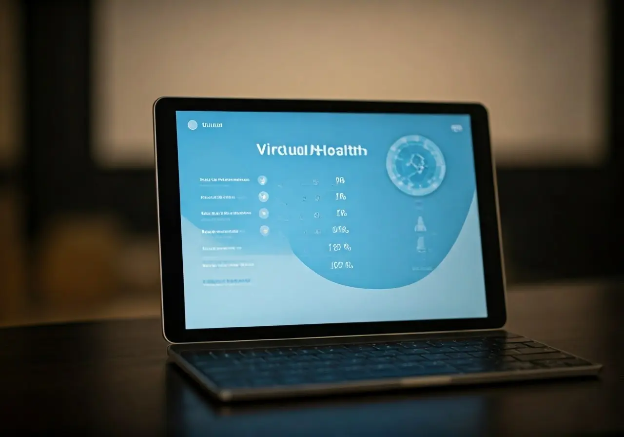 A tablet displaying a virtual health app in an office. 35mm stock photo