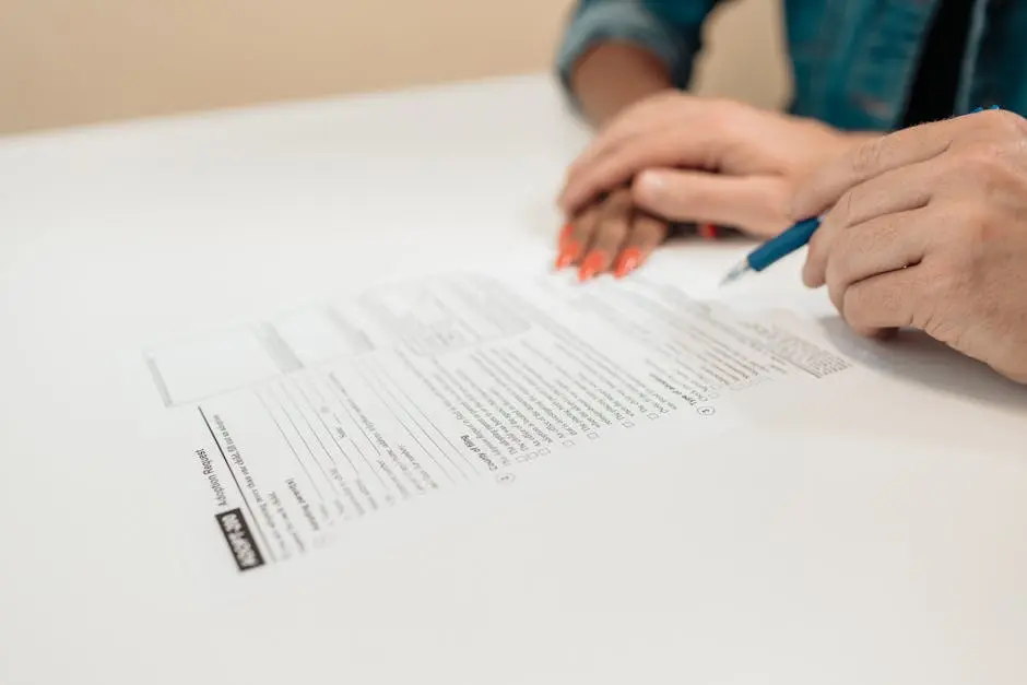 Close-up of hands signing adoption papers in an office environment, symbolizing family and legal process.