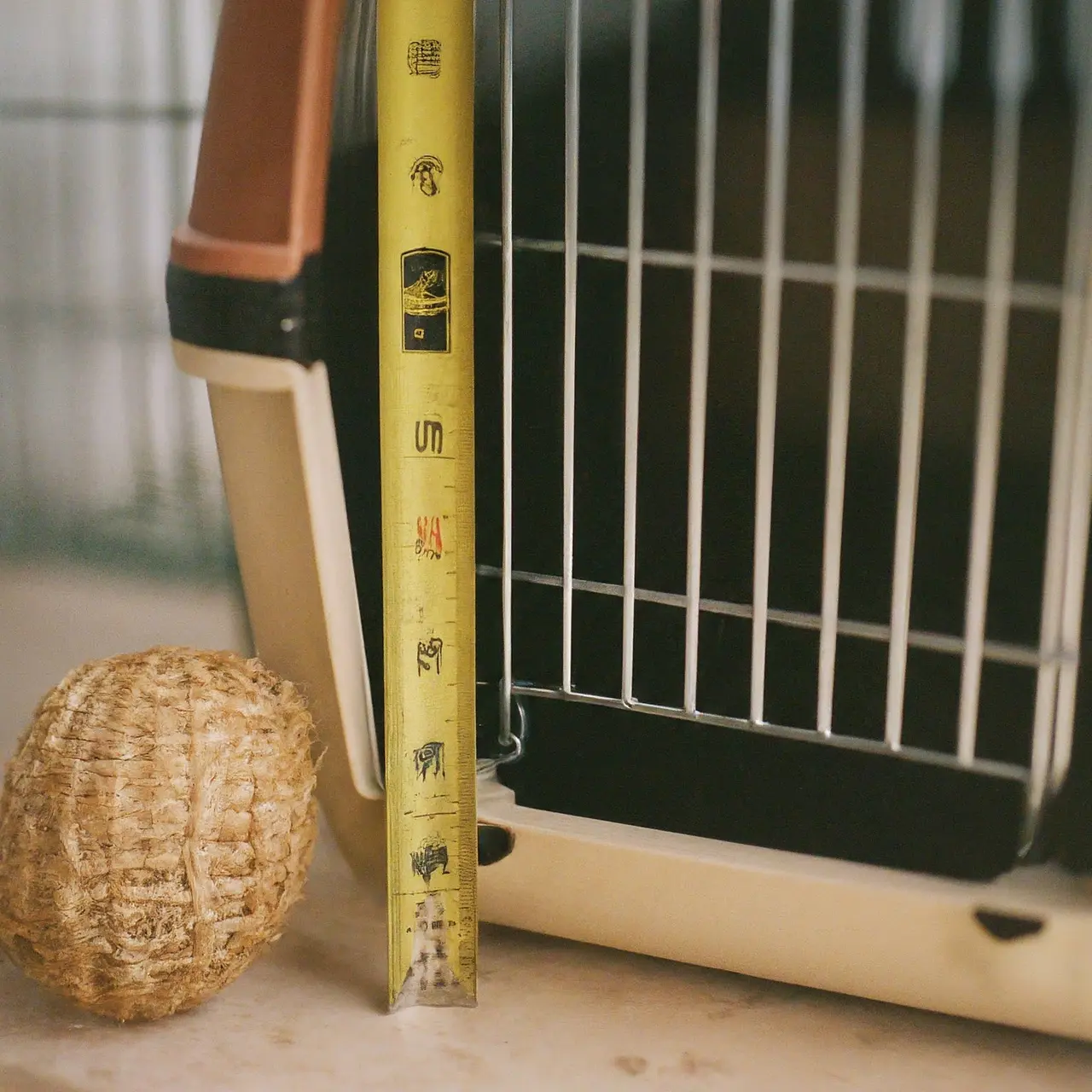 A measuring tape beside a variety of pet crates. 35mm stock photo