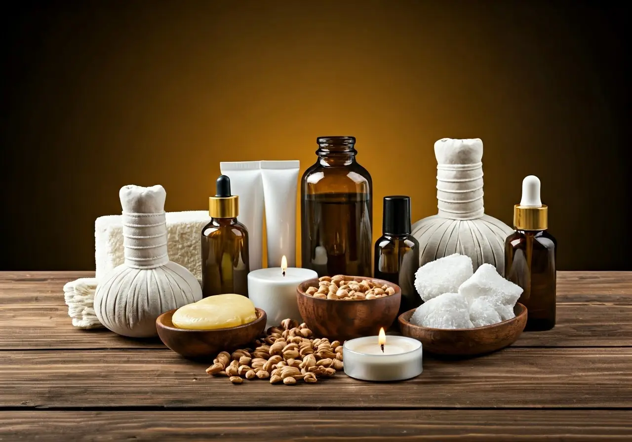 A variety of wellness products arranged on a wooden table. 35mm stock photo