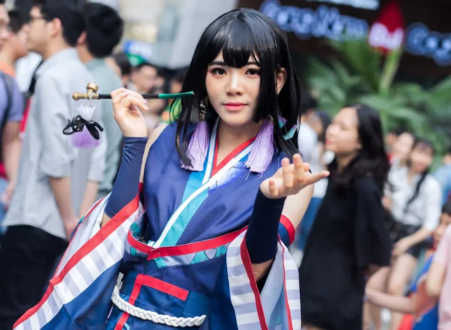 Engaging cosplay performer in vibrant costume at outdoor Asian festival parade.