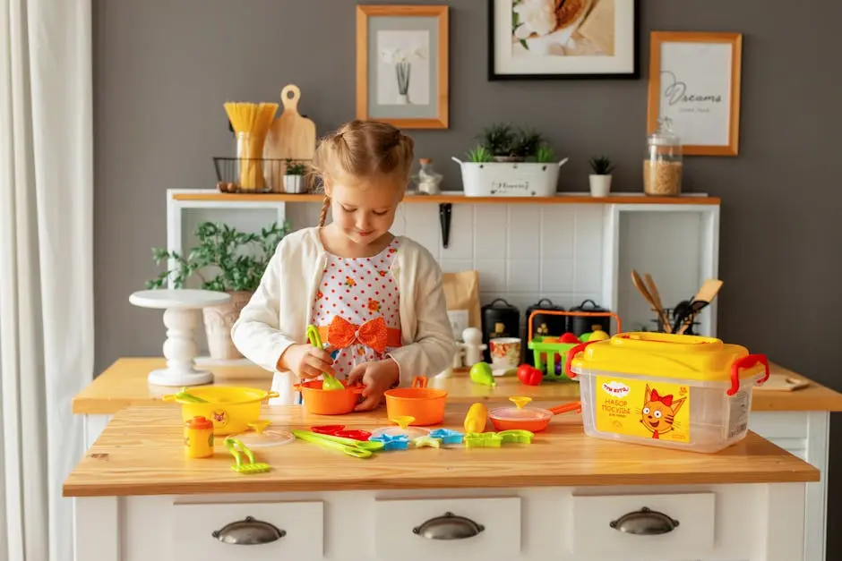 Smiling Girl Playing with Toys in Kitchen