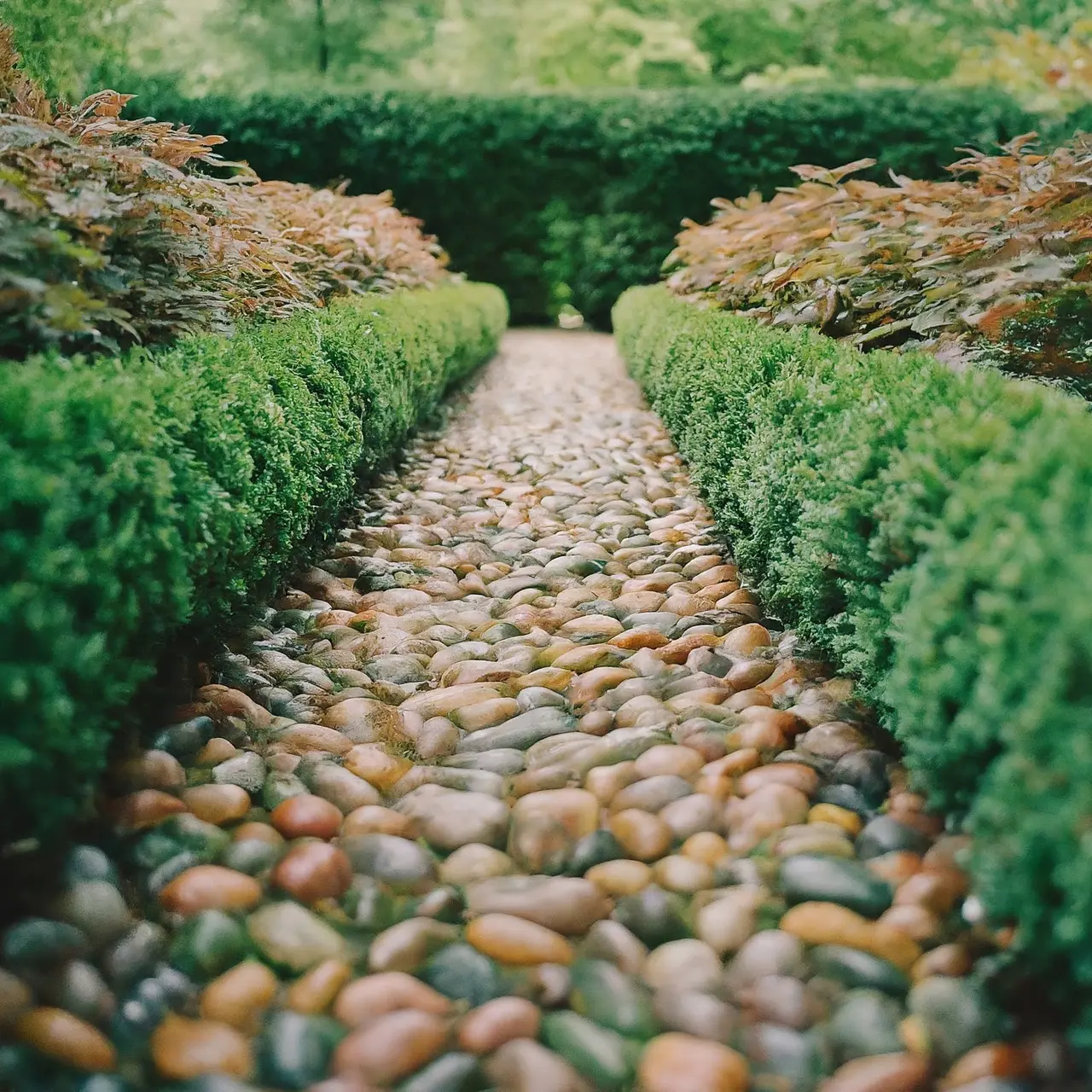 A serene garden pathway lined with smooth, colorful pebbles. 35mm stock photo