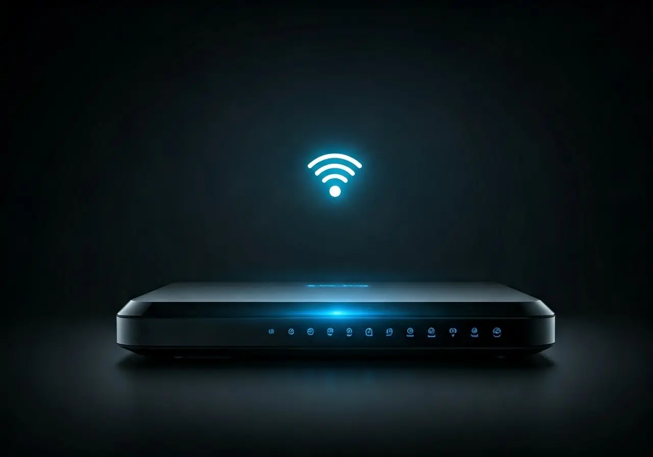 A sleek wireless router with a glowing connectivity icon. 35mm stock photo