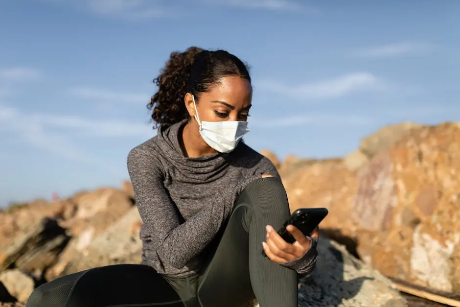 A Woman in a Face Mask Using her Cellphone