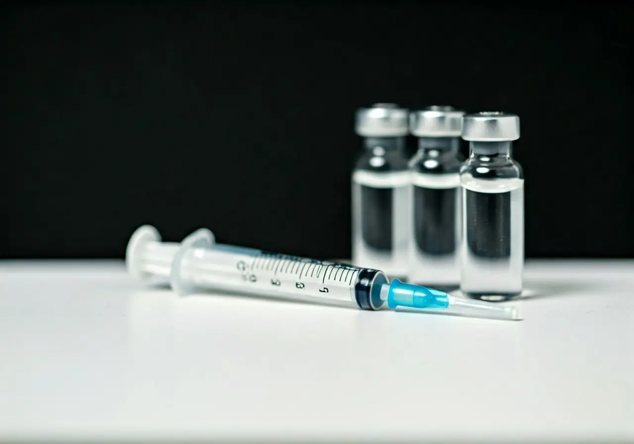 A syringe and vials of dermal fillers on a white surface. 35mm stock photo