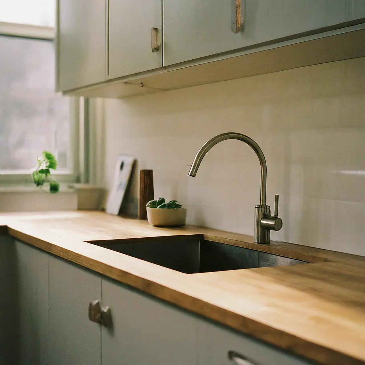 A sparkling clean modern kitchen with spotless countertops. 35mm stock photo