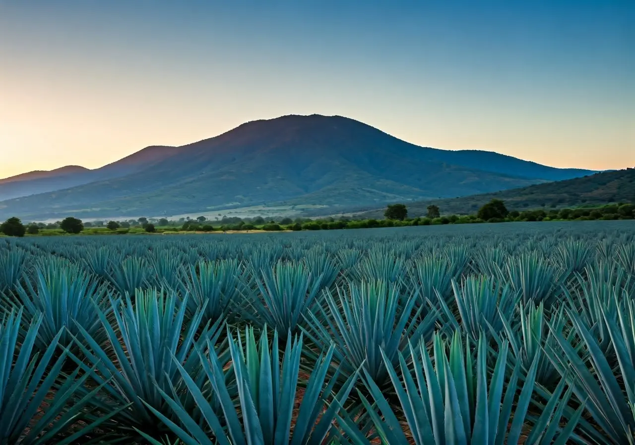 Lush blue agave field with a mountain backdrop at sunrise. 35mm stock photo