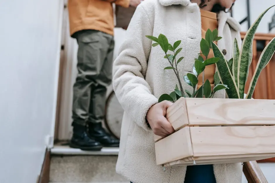 A couple carrying plants in a wooden box while moving into a new home.