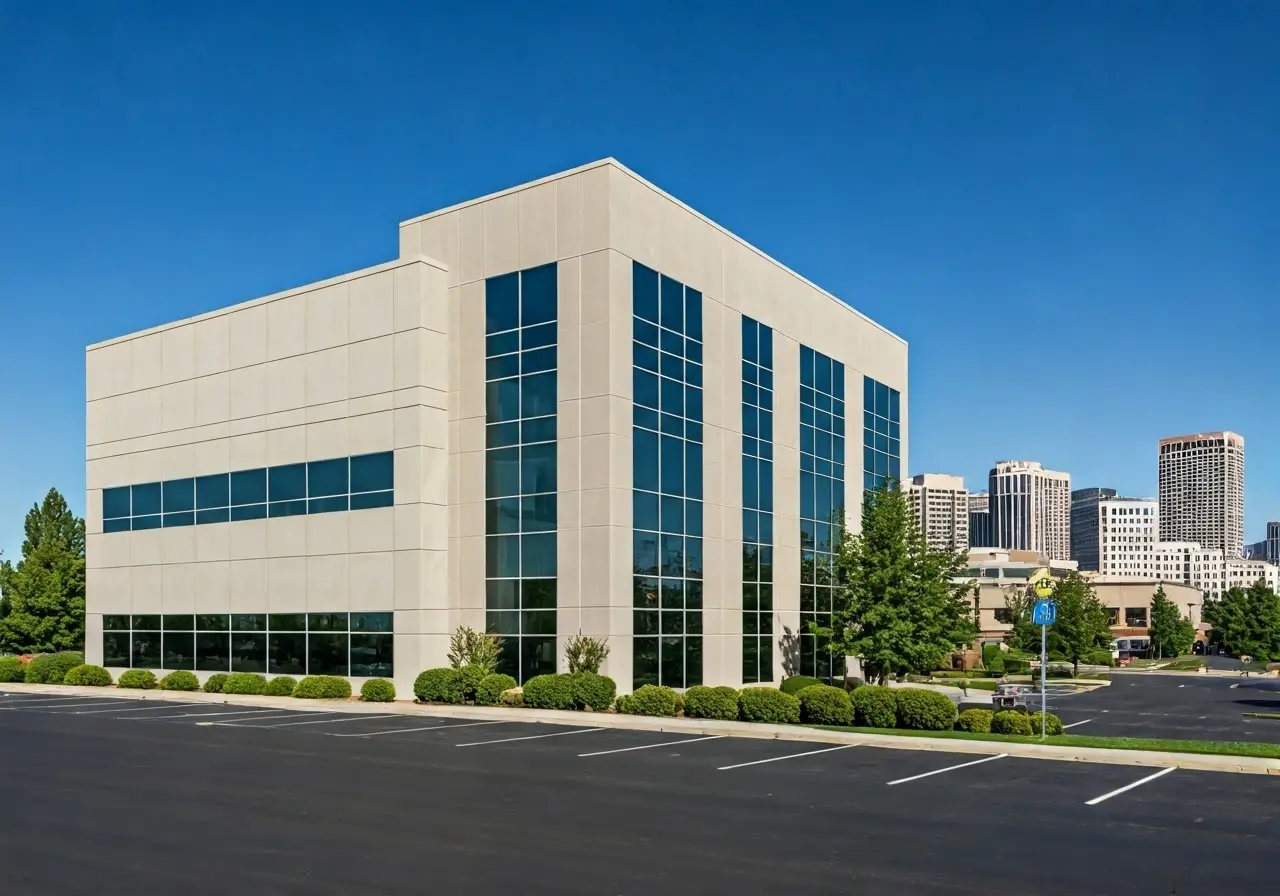 A secure office building with a Boise skyline in the background. 35mm stock photo