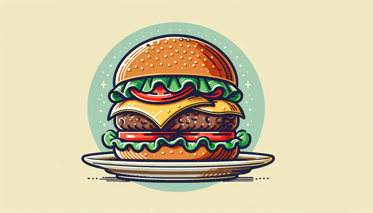 Draw a graphic in flat design style. A clean image of a delicious bison burger with lettuce, tomato, and cheese on a plate.