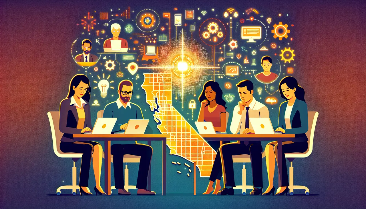 Draw a graphic in flat design style. An image of a diverse team of IT professionals sitting around a table with a map of Orange County, highlighting various tech company locations with digital icons.