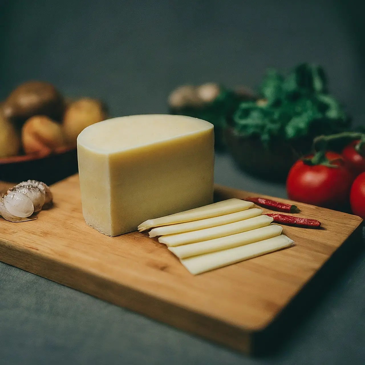 A wooden board with aged kaşar cheese and ingredients. 35mm stock photo