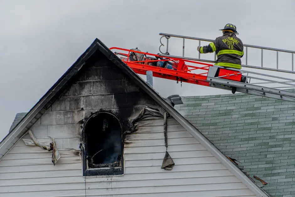 Firefighter on ladder tackling a residential roof fire in Baltimore city.