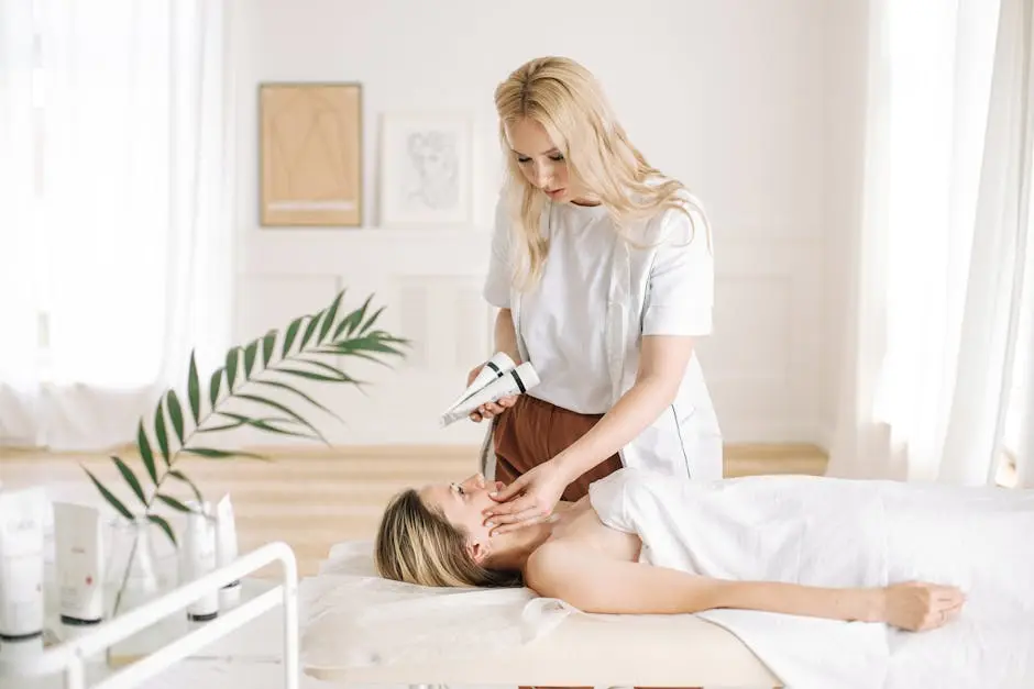 Aesthetician performing a facial treatment on a client in a serene spa clinic.