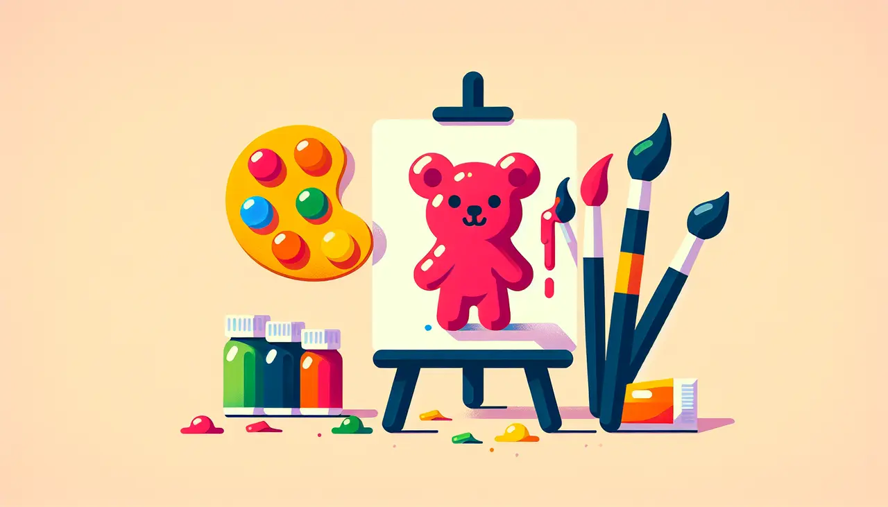 Draw a graphic in flat design style. Illustrate a vibrant gummy bear painting on a canvas with paintbrushes on the side.