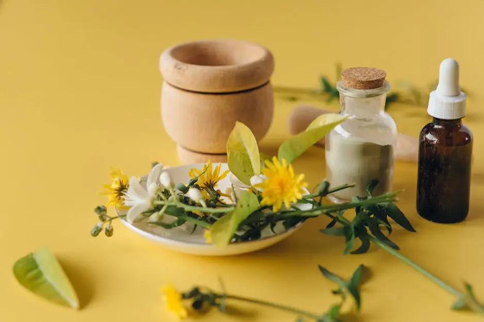 A collection of herbal remedies and natural ingredients on a yellow background, symbolizing holistic health.