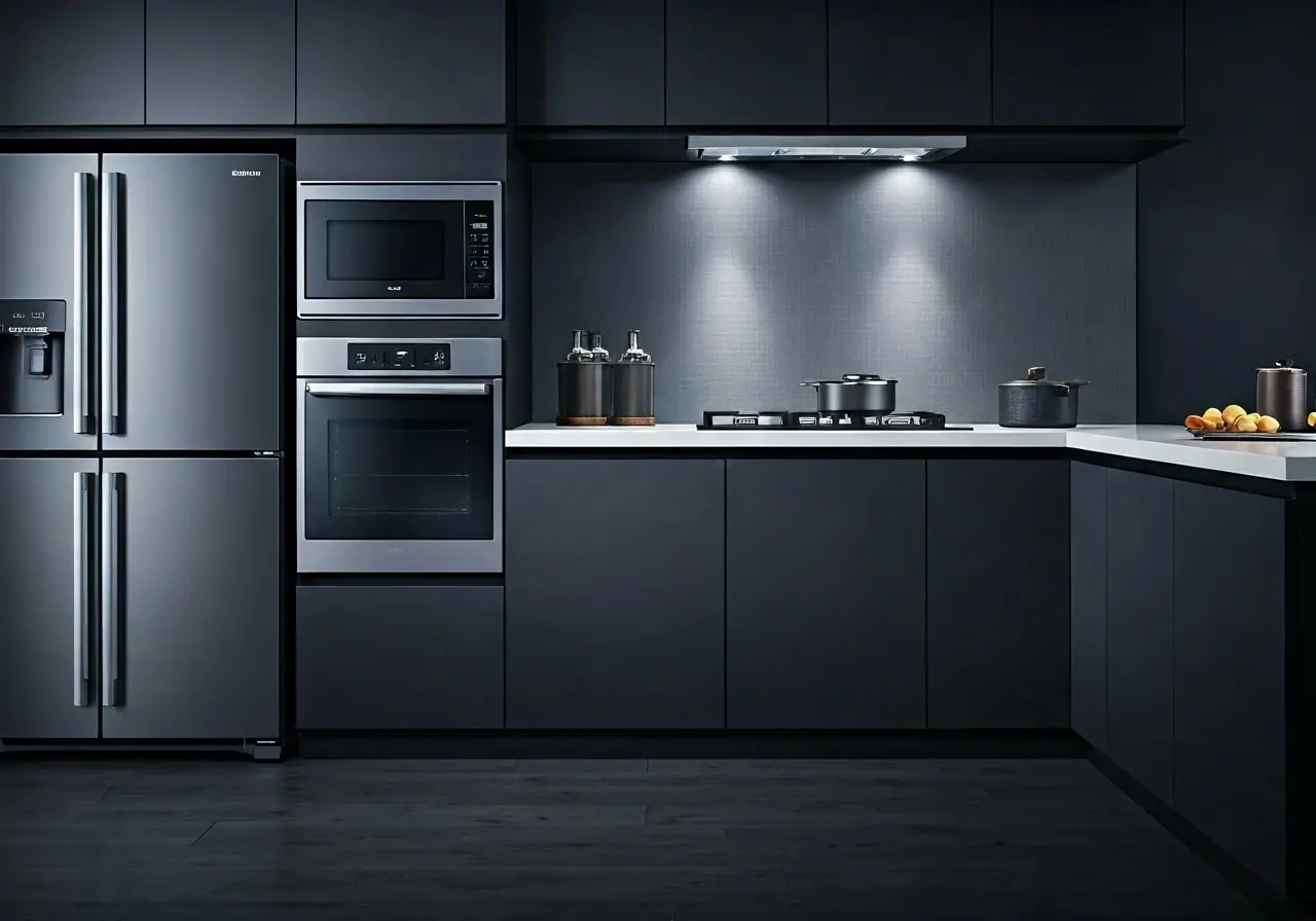 A line of Samsung appliances in a modern kitchen. 35mm stock photo