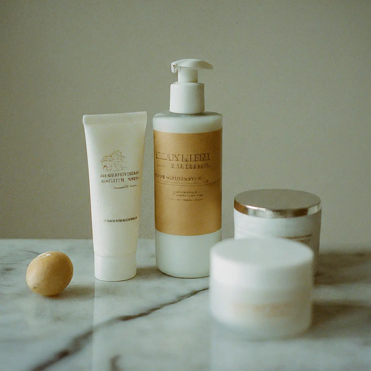 A variety of skincare products arranged on a marble surface 35mm stock photo