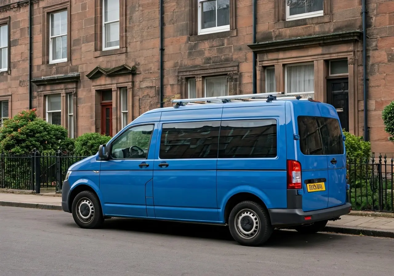 A plumber’s van parked outside a Glasgow townhouse. 35mm stock photo