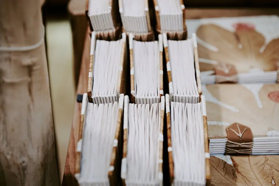 Top view of handmade paper notebooks arranged in wooden boxes on a rustic table.