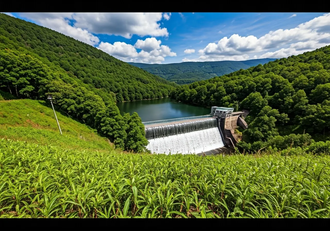 A dam with a reservoir surrounded by lush greenery. 35mm stock photo