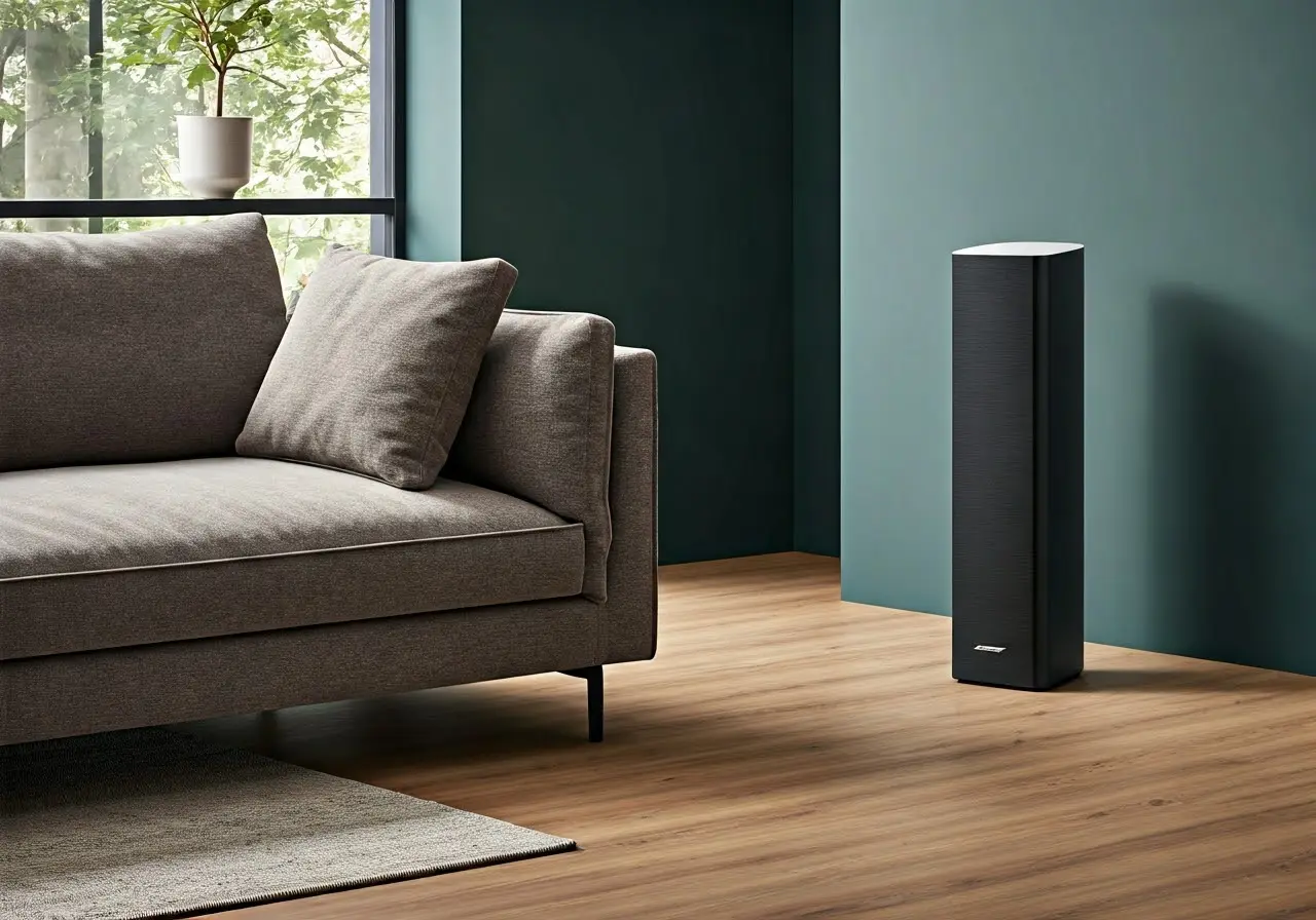 A modern living room with a Bose Soundbar 700. 35mm stock photo