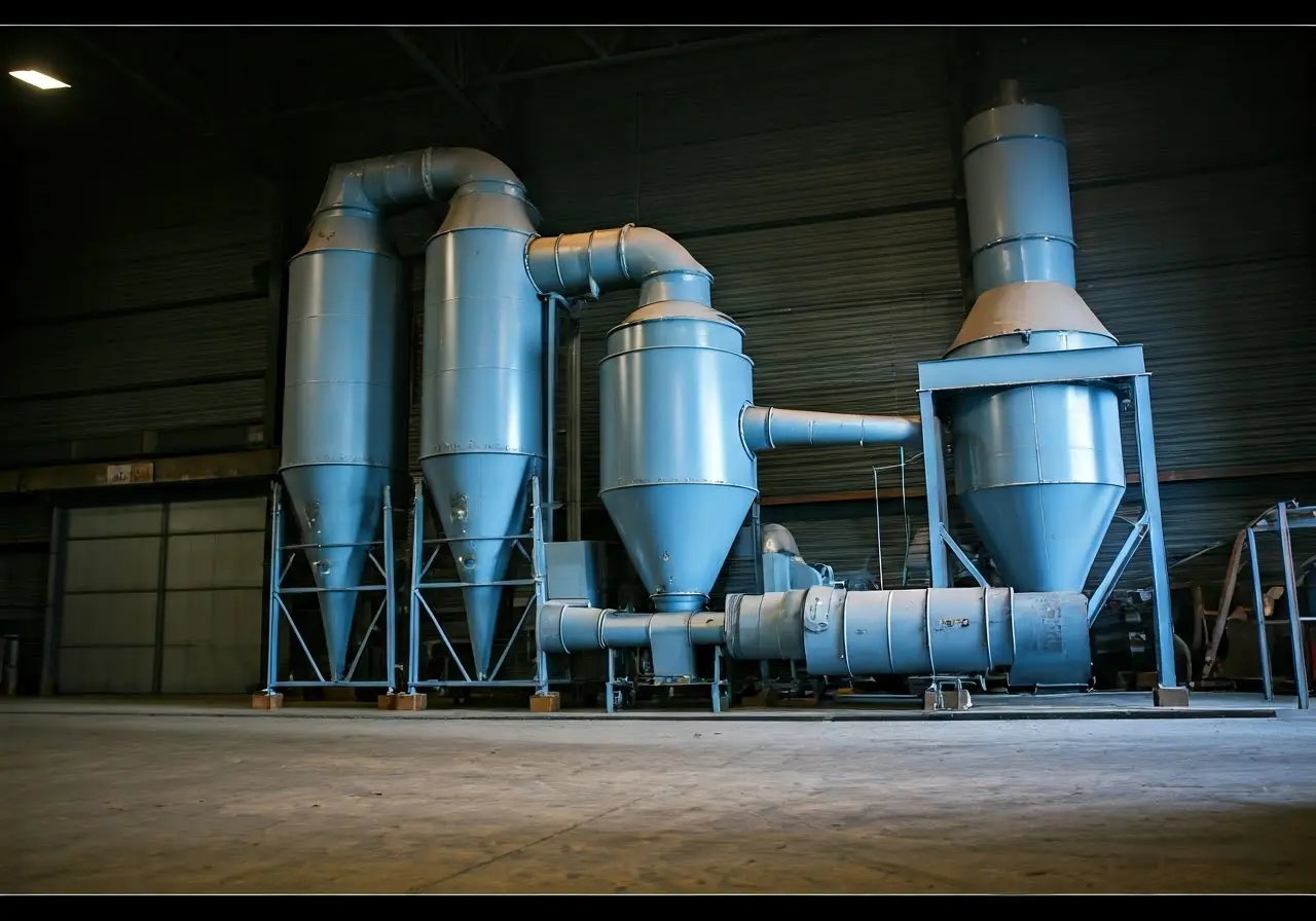 Industrial dust collection system operating in a factory setting. 35mm stock photo