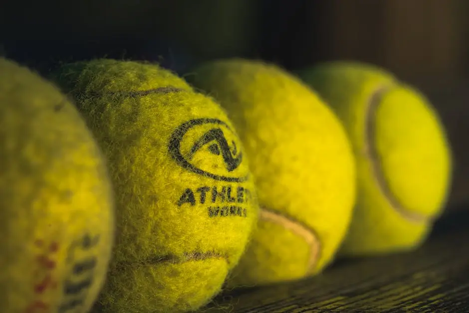 Detailed close-up of yellow tennis balls on a rustic wooden surface with textured branding.