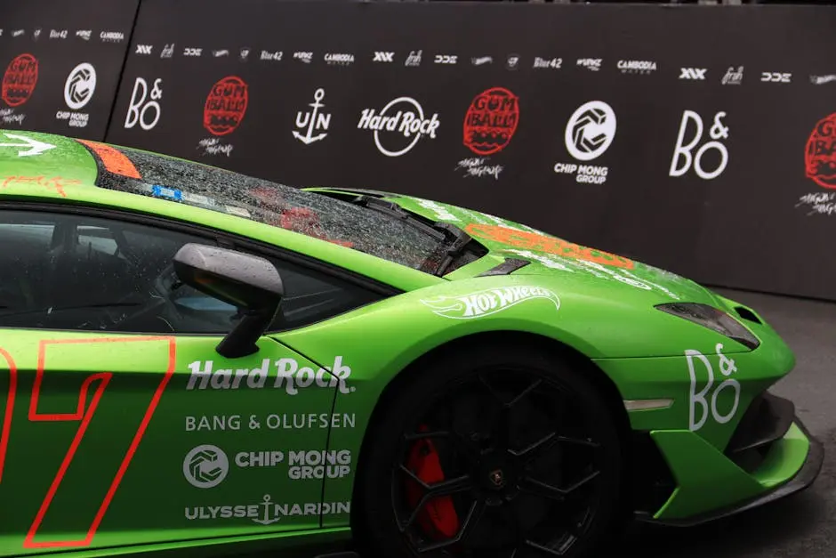 Vibrant Green Sports Car with Brand Logos Display