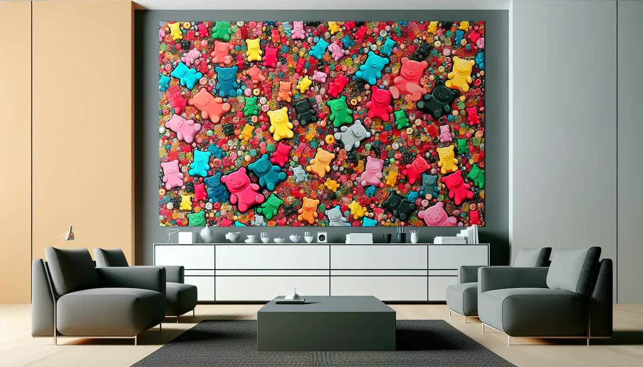 Draw a graphic in flat design style. Create an illustrated image of a vibrant wall filled with various colorful gummy bear prints, ensuring the rest of the room design is minimalistic.