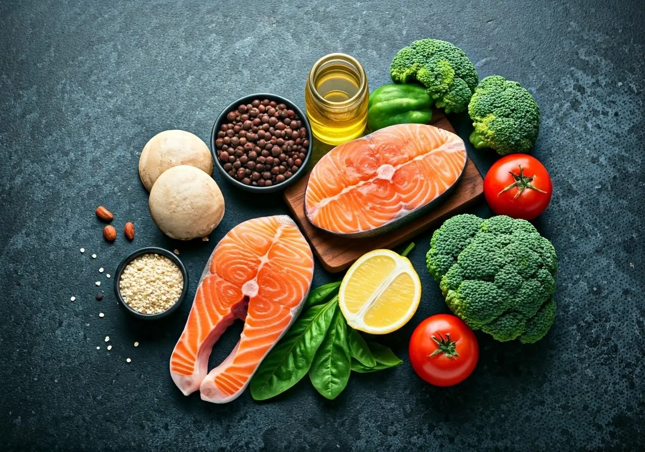 A variety of healthy foods, including lean proteins and vegetables. 35mm stock photo