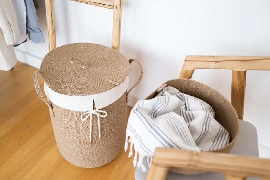 White and Brown Laundry Basket on the Floor