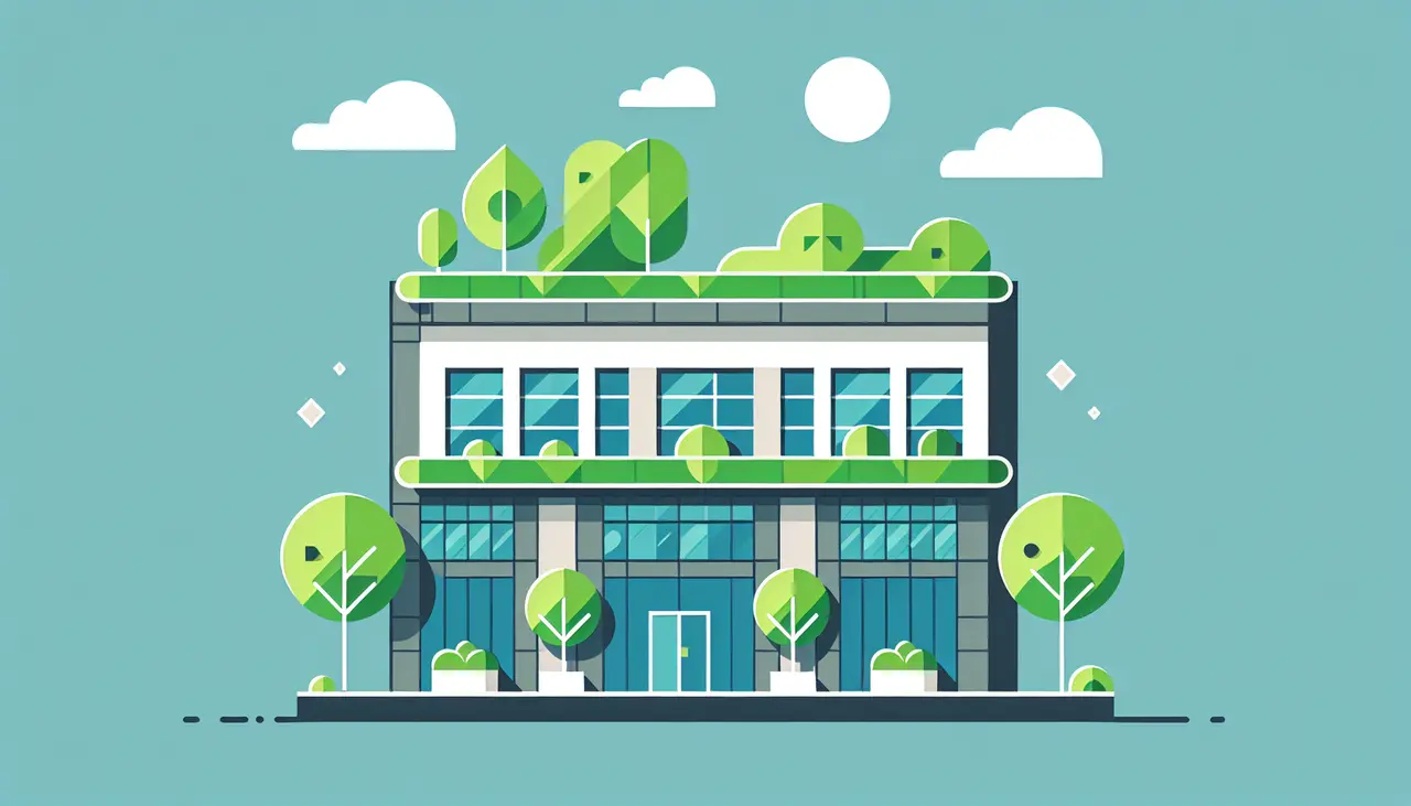 Draw a graphic in flat design style. Illustrate a flat design image of a commercial building with a green, leafy roof, under the sun and a single cloud.