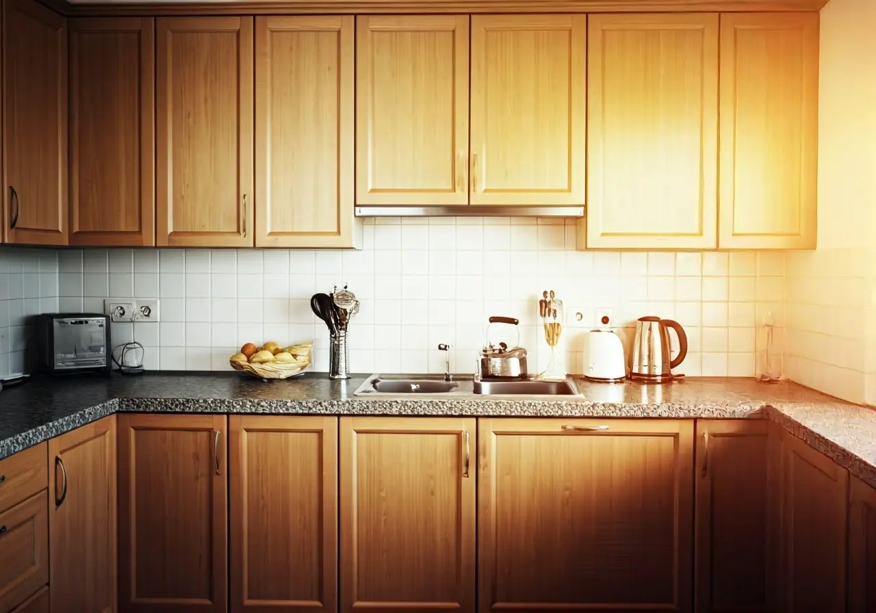 A spotless, modern kitchen sparkling with cleanliness and sunlight. 35mm stock photo