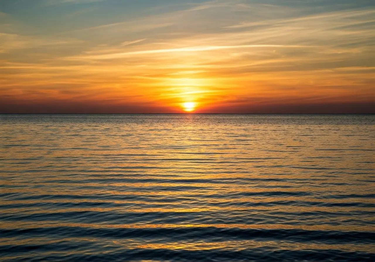 A serene sunset over a calm ocean horizon. 35mm stock photo