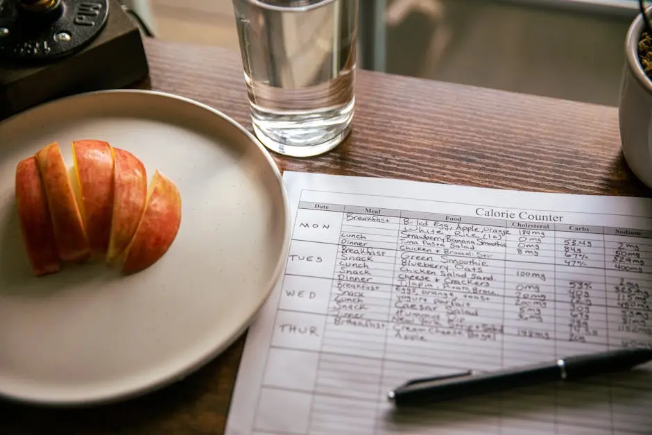 A table setup with apple slices, a calorie counting sheet, and a glass of water for a dieting scene.