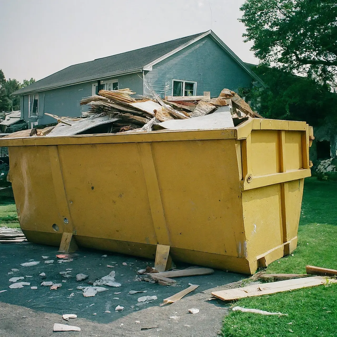 A large dumpster filled with renovation debris outside a house. 35mm stock photo