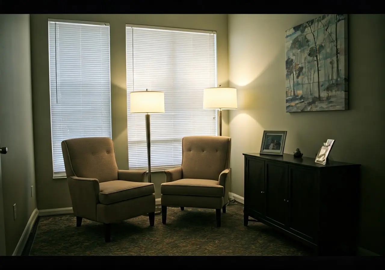 A serene therapist’s office with calming decor and lighting. 35mm stock photo