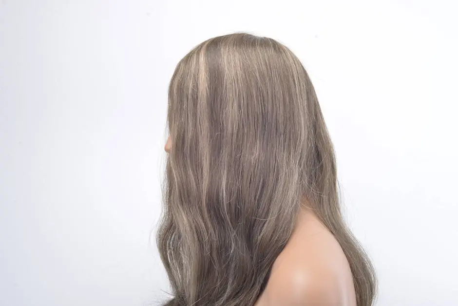 Profile view of a woman’s head wearing a long, wavy hairpiece, showcasing hair detail.