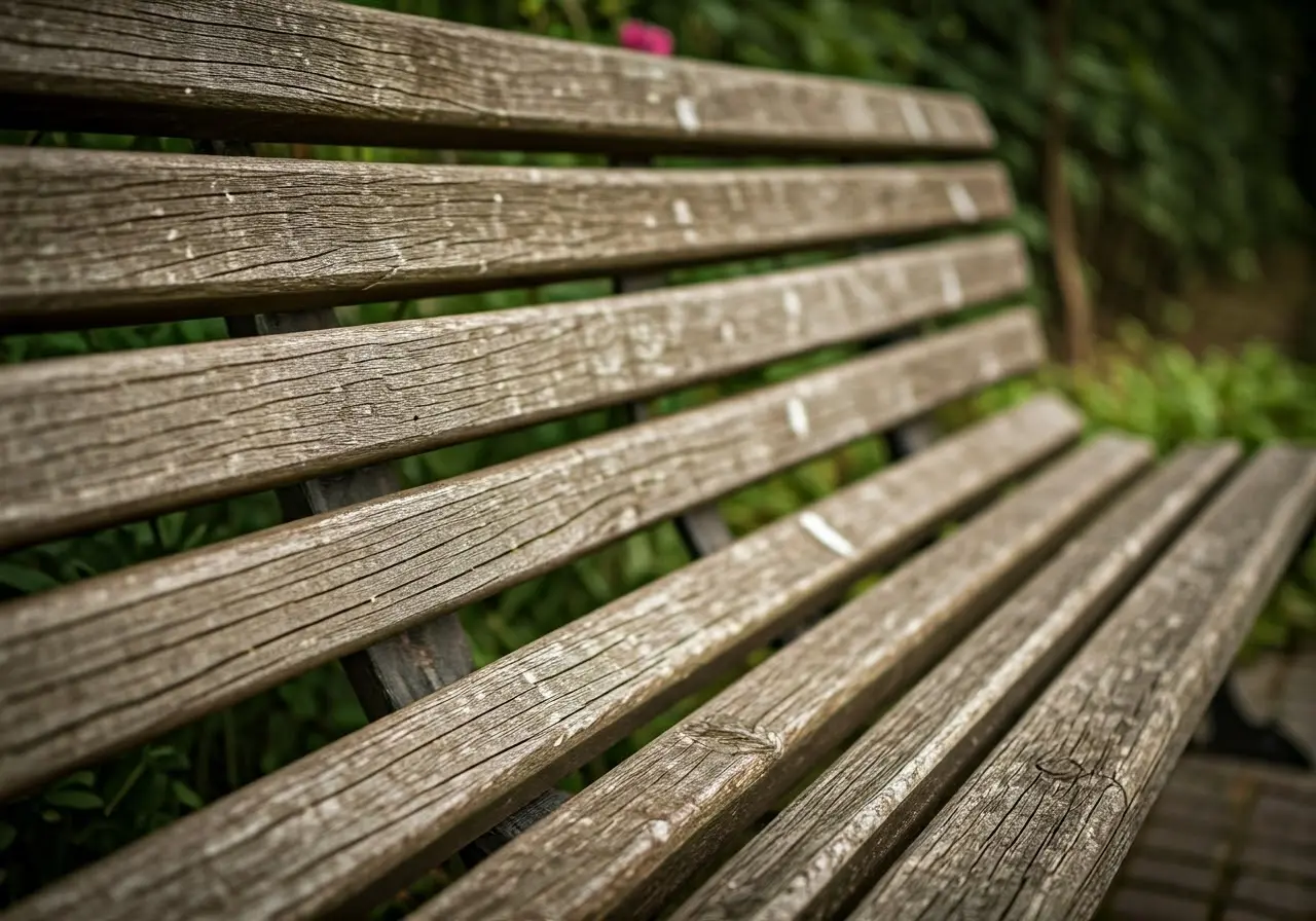 A close-up of a well-maintained wooden bench in a garden. 35mm stock photo