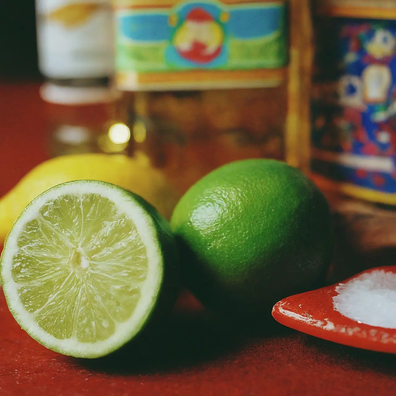 A colorful array of tequila bottles and cocktail ingredients. 35mm stock photo