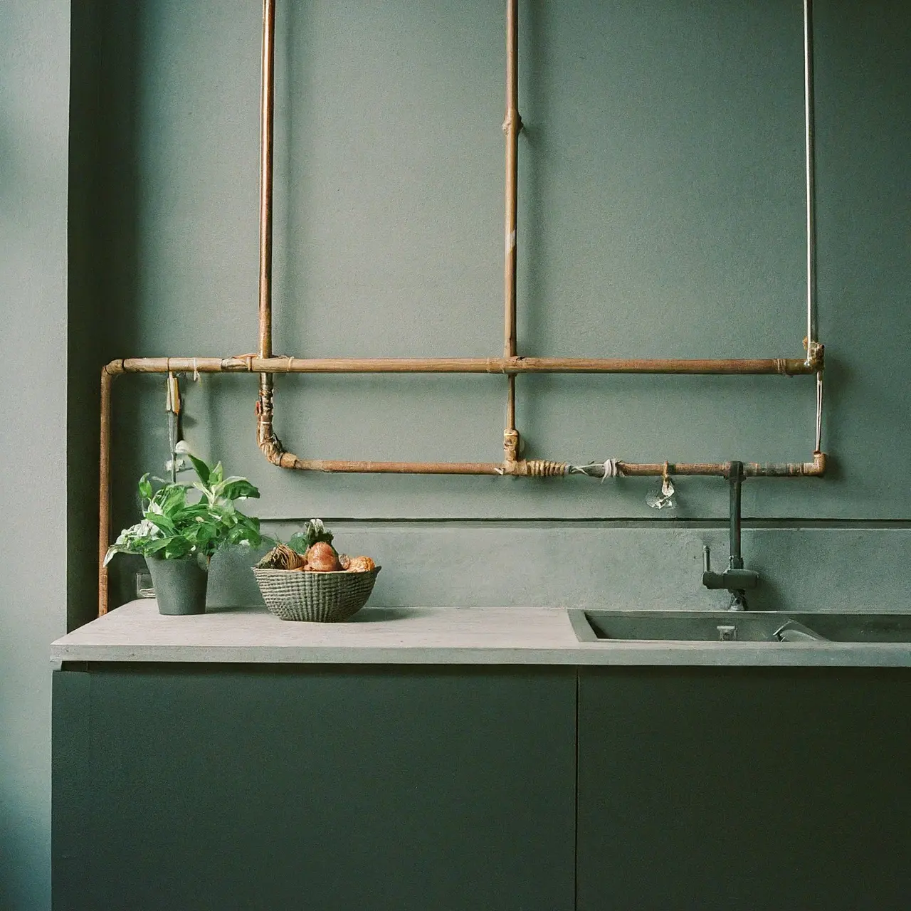 Industrial-style kitchen with exposed pipes and concrete countertops. 35mm stock photo