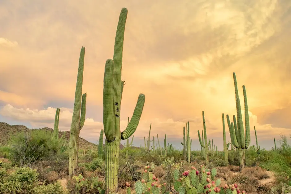 Captivating view of saguaro cacti under a vibrant sunset sky in Arizona’s Sonoran Desert.