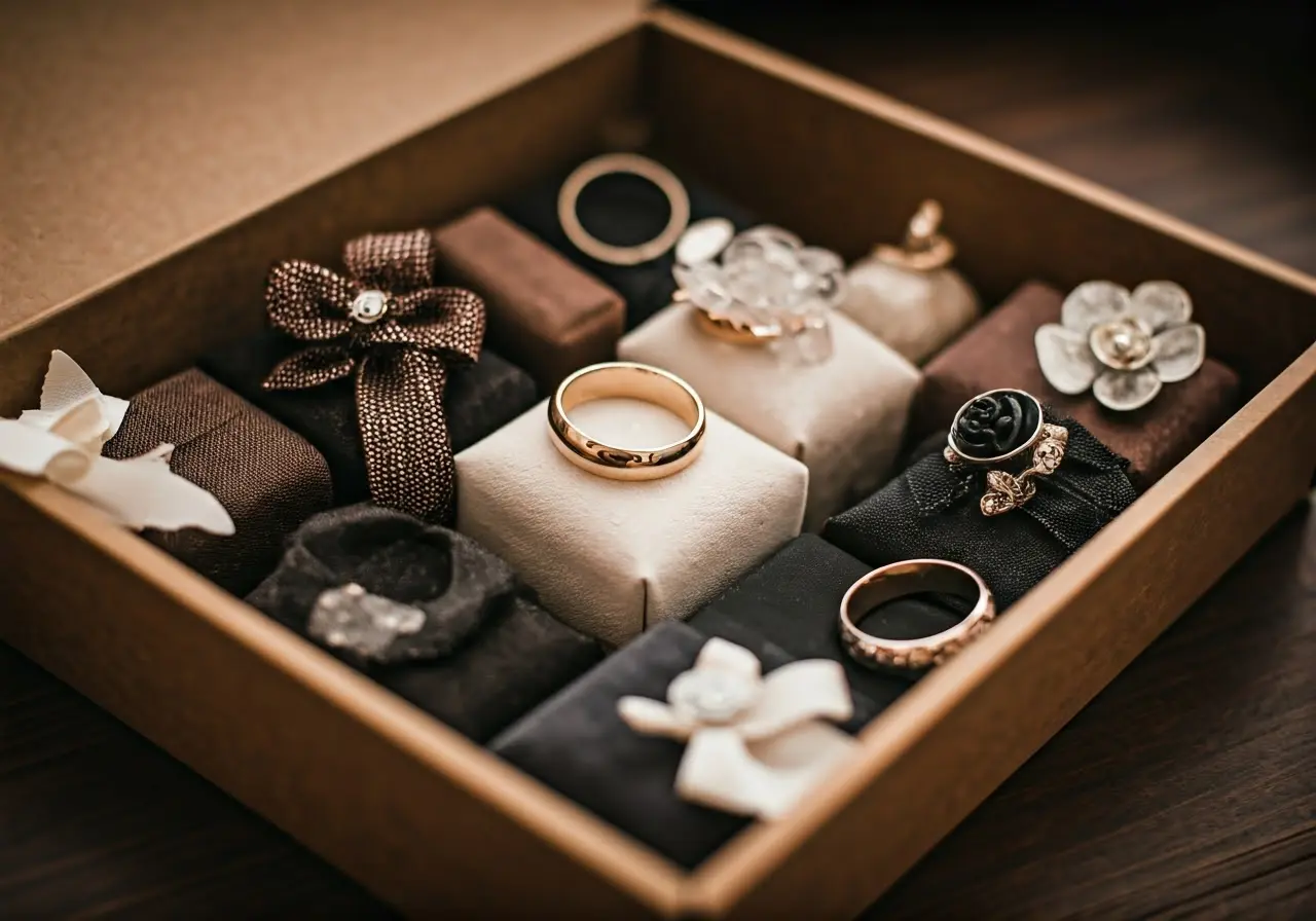 A box of assorted stylish ring bearer gifts displayed. 35mm stock photo