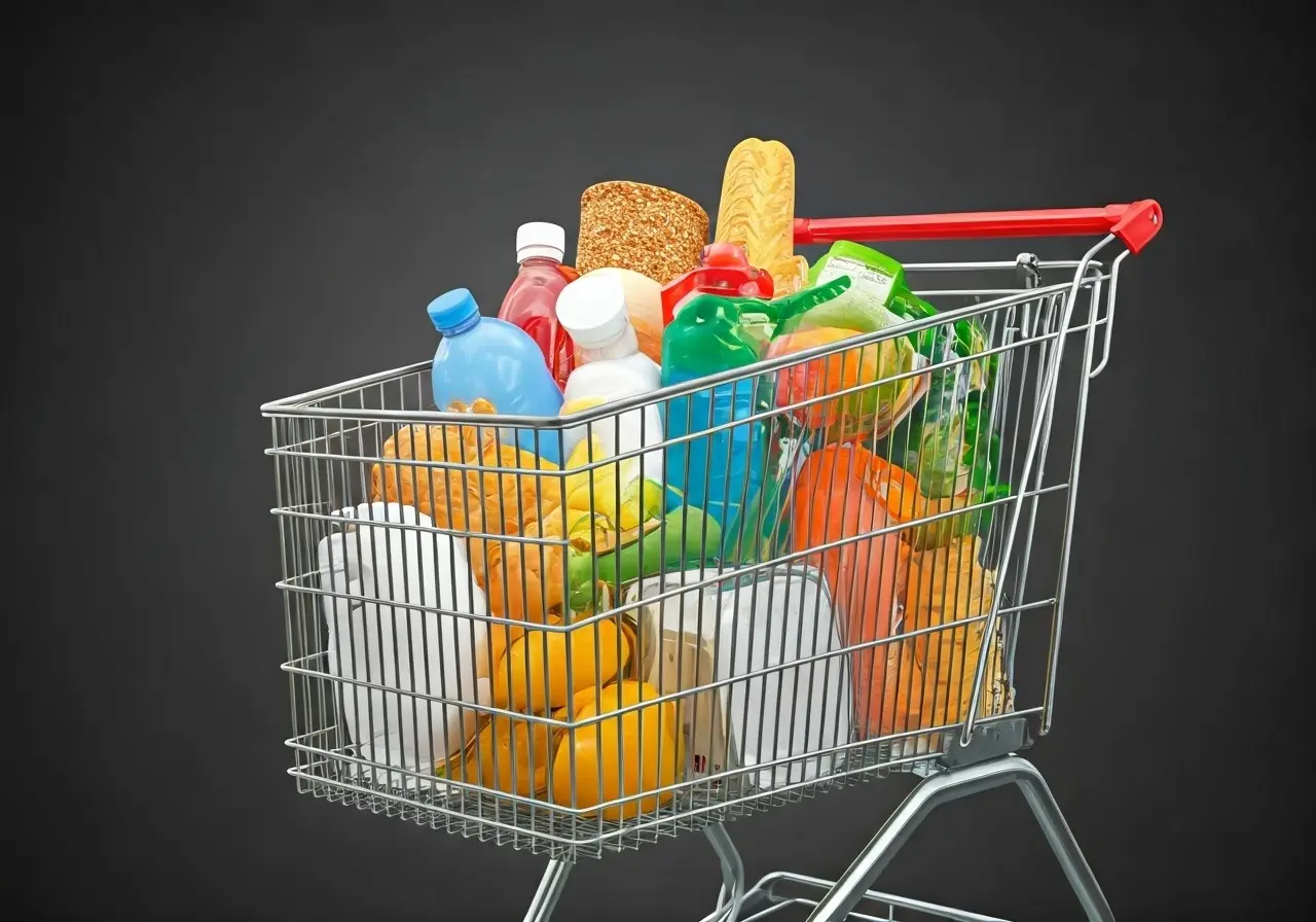 A shopping cart filled with various neatly arranged items. 35mm stock photo